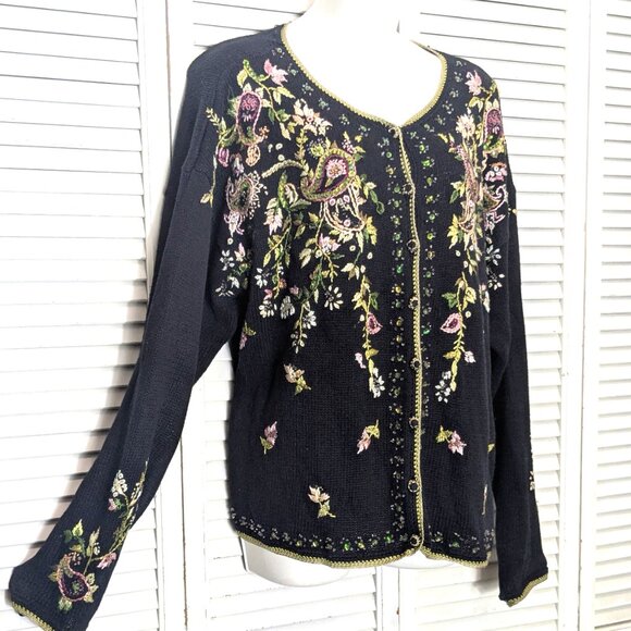 Vintage Y2k 2001 Heirloom Collectibles Cardigan Sweater Large Embroidery Beaded - Picture 3 of 16